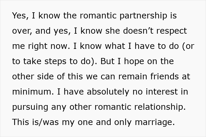 Text excerpt showing husband's reflections on a troubled marriage and lack of interest in pursuing new relationships.