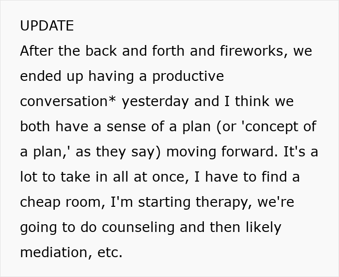 Text update about a productive conversation and plans including therapy, counseling, and mediation after a difficult husband-wife trip.