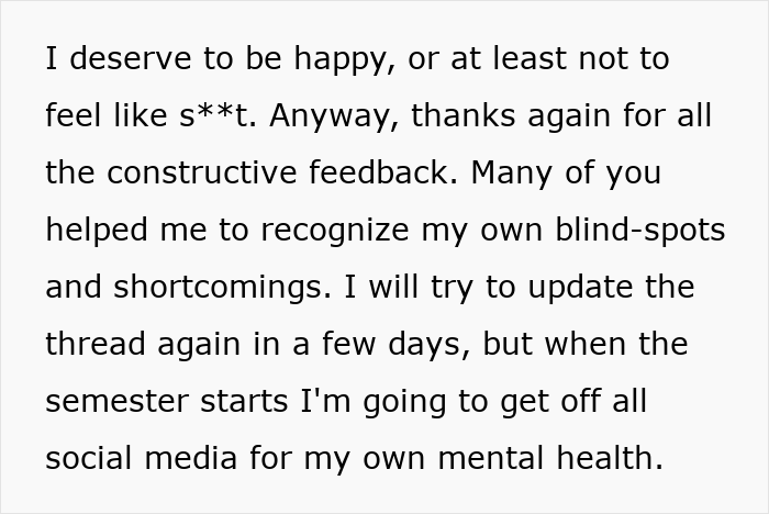 Text expressing struggle with mental health and gratitude for feedback while planning to take a social media break for self-care.