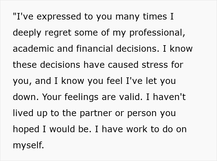Text expressing deep regret over past decisions and acknowledging the stress and resentment in a troubled relationship.
