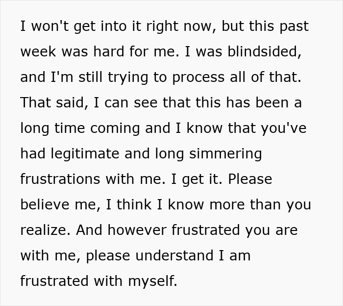 Text image showing a heartfelt message about longtime resentment and frustration in a strained marriage relationship.