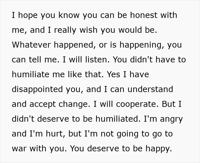 Text showing a husband expressing hurt and willingness to cooperate after being humiliated by his wife during a trip.