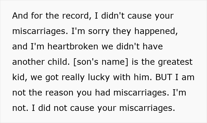 Text message showing a wife expressing heartbreak and denying responsibility for husband's miscarriages and resentment.