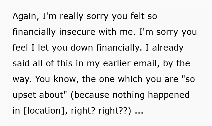 Alt text: Email showing wife expressing resentment and financial insecurity toward husband during unwanted trip discussion