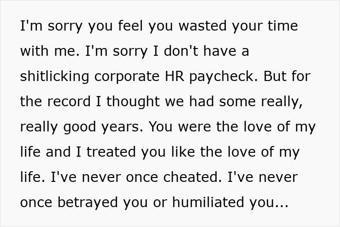 Text excerpt showing a husband's heartfelt response amid wife humiliating husband by unleashing years of resentment on a trip.