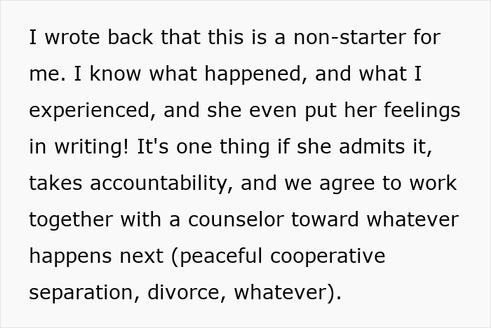 Text excerpt showing a wife expressing years of resentment toward her husband after a trip he didn&rsquo;t want to take.