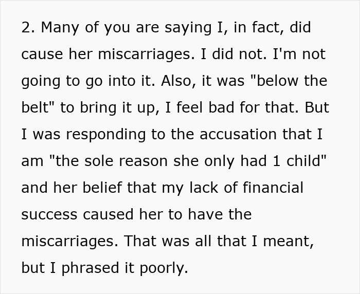 Text excerpt discussing accusations about miscarriages and financial issues during a tense wife humiliates husband moment.