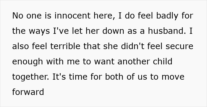 Text discussing a husband reflecting on feelings of guilt and insecurity after a trip causing marital resentment.
