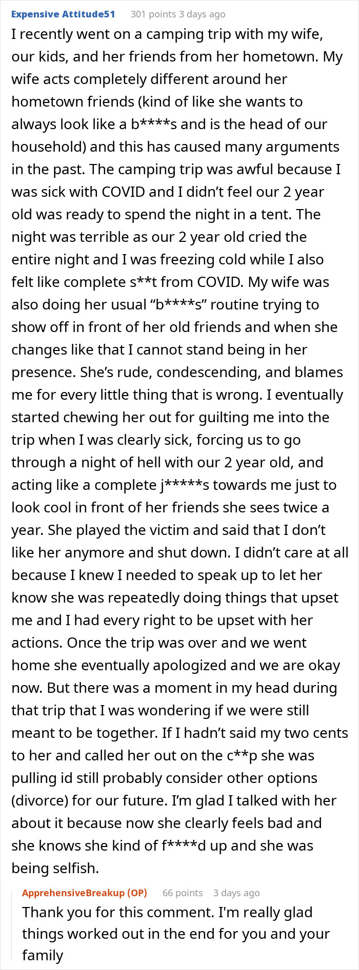 Reddit comment about wife humiliating husband by unleashing years of resentment on an unwanted trip with family and friends.