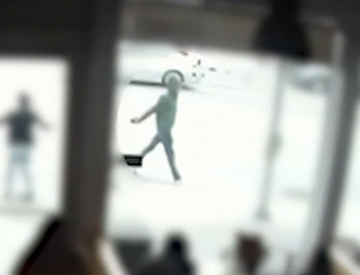 Blurry figure of a frenzied attacker captured while a good Samaritan tries to protect a helpless mom and children.