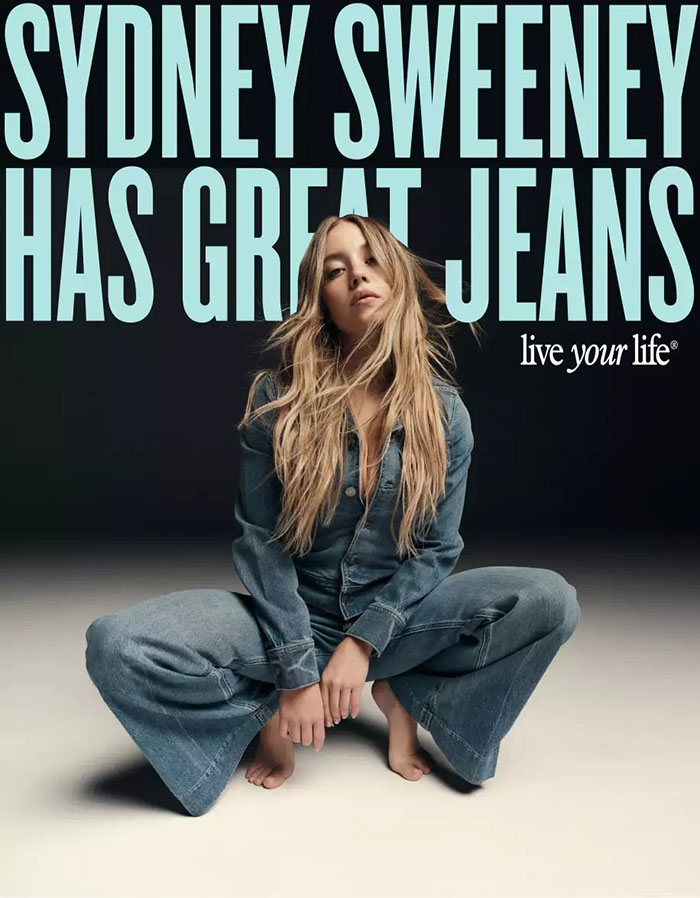 Sydney Sweeney wearing denim jeans and jacket in a promotional image linked to Lizzo parody controversy. - 3