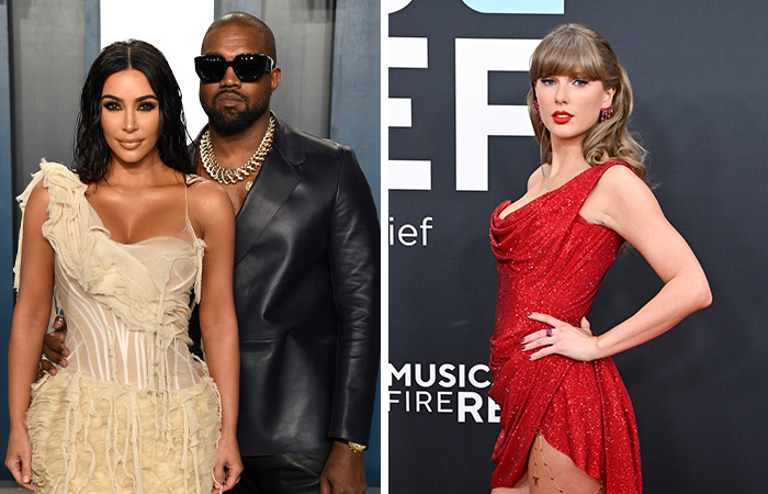 Kim Kardashian and Kanye West posing together, and Taylor Swift in a red dress at a music event highlighting celeb callouts.