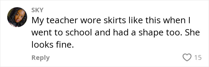 Comment from user Sky discussing a teacher's outfit and shape sparking a viral debate about showing curves back to school.