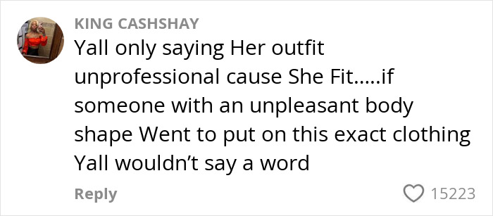 Comment discussing opinions on a teacher showing off too many curves in a back-to-school outfit debate.