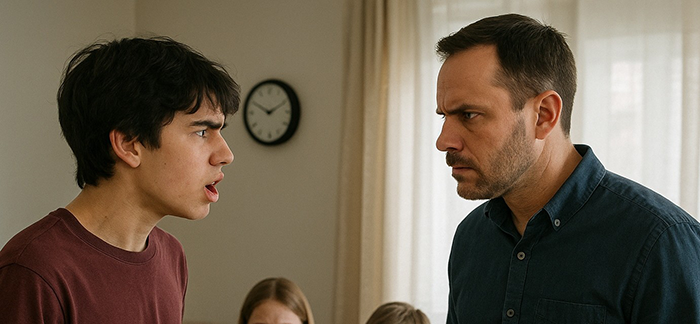 Man and teen stepson arguing intensely in a living room, showing tension in their strained father and son relationship. - 8