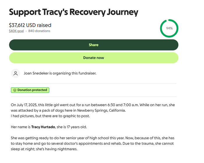 Fundraiser page showing support for teen daughter's recovery after being mauled by a pack of dogs in California.