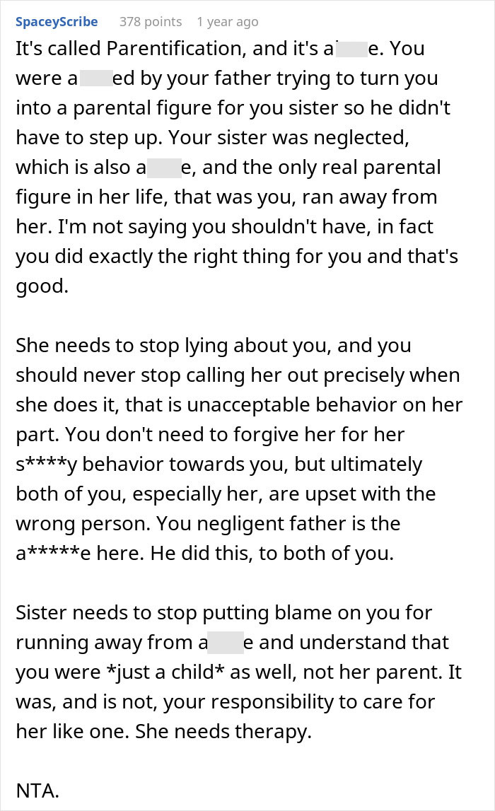 Comment explaining parentification and family fallout after person ran away because of half-sister’s behavior in online discussion. Comment explaining parentification and family fallout after person ran away because of half-sister’s behavior in online discussion.