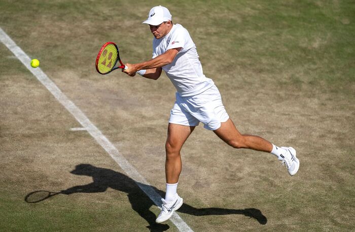 Tennis player Kamil Majchrzak in white attire hitting a backhand shot on a grass court during a match.