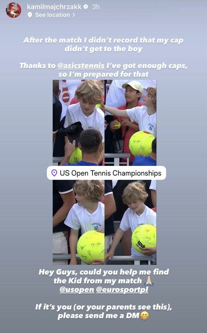 Child holding a tennis ball at US Open as man snatches Kamil Majchrzak's hat in viral tennis star video.