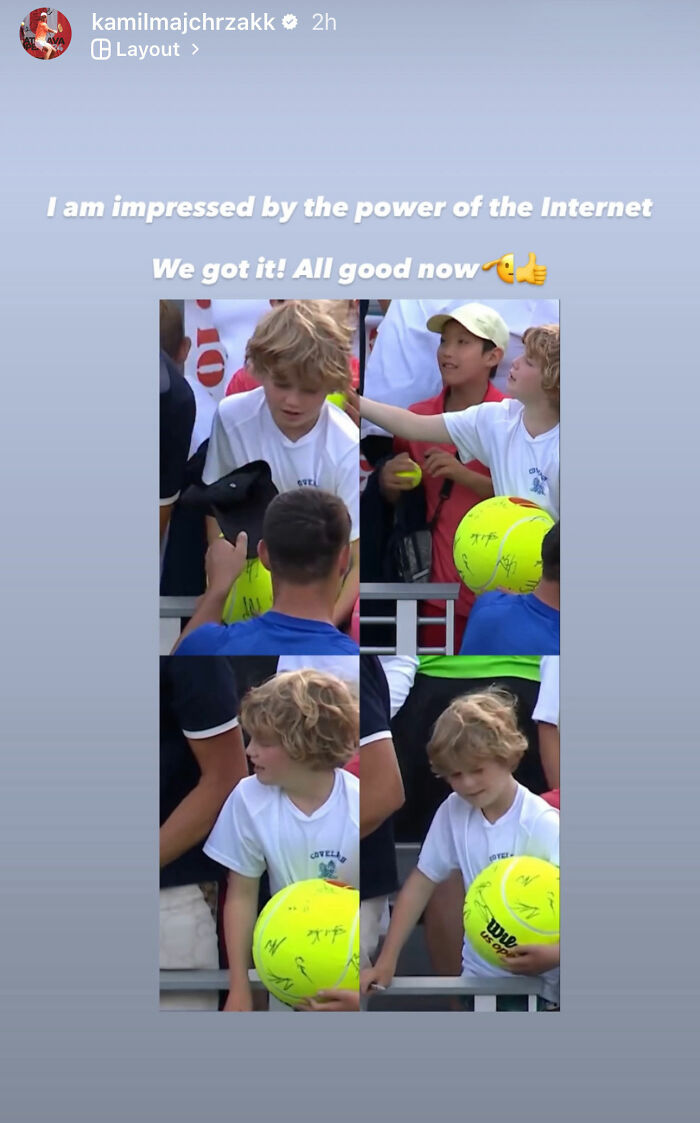 Collage showing kid with tennis ball and hat after man snatches Kamil Majchrzak's hat at US Open, tennis star responds.