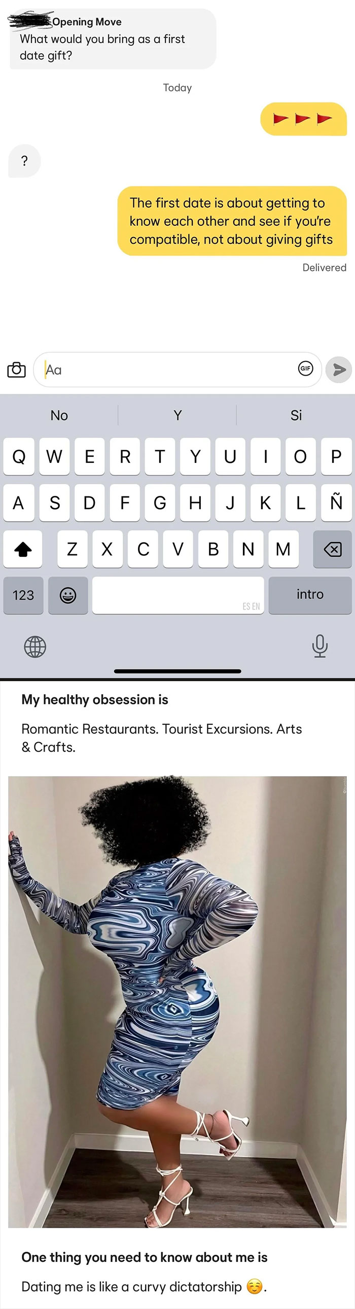 Woman wearing a blue and white patterned dress posing indoors, representing women called out for their delusional behavior.