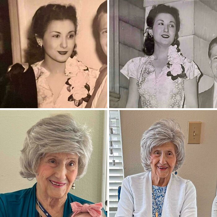 Four candid glimpses into the past showing a woman’s vintage and modern portraits through the years.