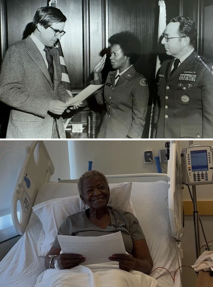 Historic candid glimpse showing a military woman’s oath ceremony, paired with a recent photo of her smiling in a hospital bed.
