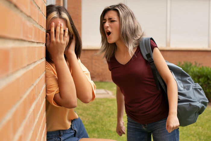 Two teenage girls outdoors, one covering her face while the other aggressively yells, reflecting unsettling childhood memories.