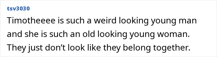 Alt text: User comment discussing Timoth&eacute;e Chalamet and Kylie Jenner&rsquo;s appearance and their perceived mismatch in looks.