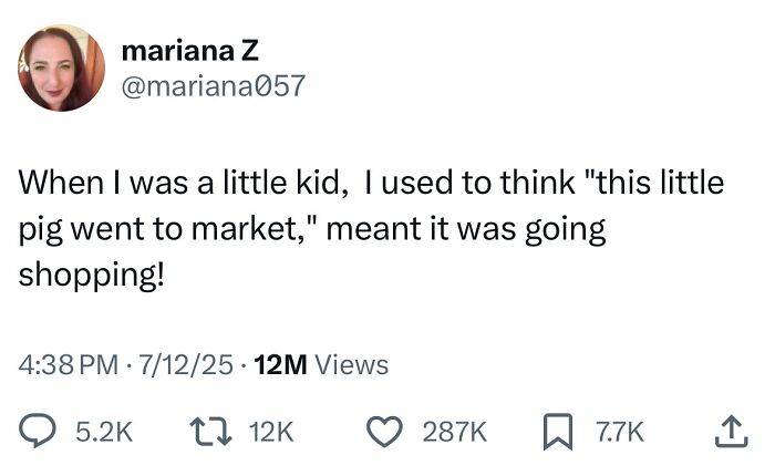 Tweet screenshot with a humorous childhood misunderstanding, featured in hilarious tweets from July collections.