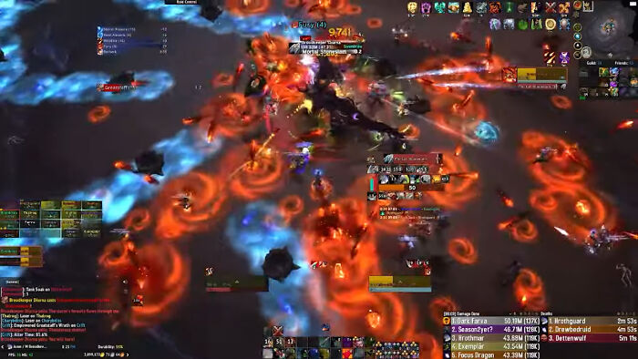 Players navigating chaotic game battle scene with fire and ice effects, illustrating picking the wrong line frustration.