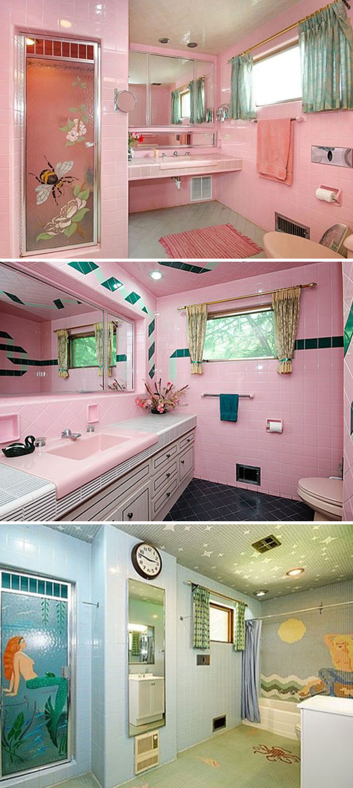 Three vintage bathrooms with pastel tiles and retro decor showcasing June Cleavers vintage closet style.