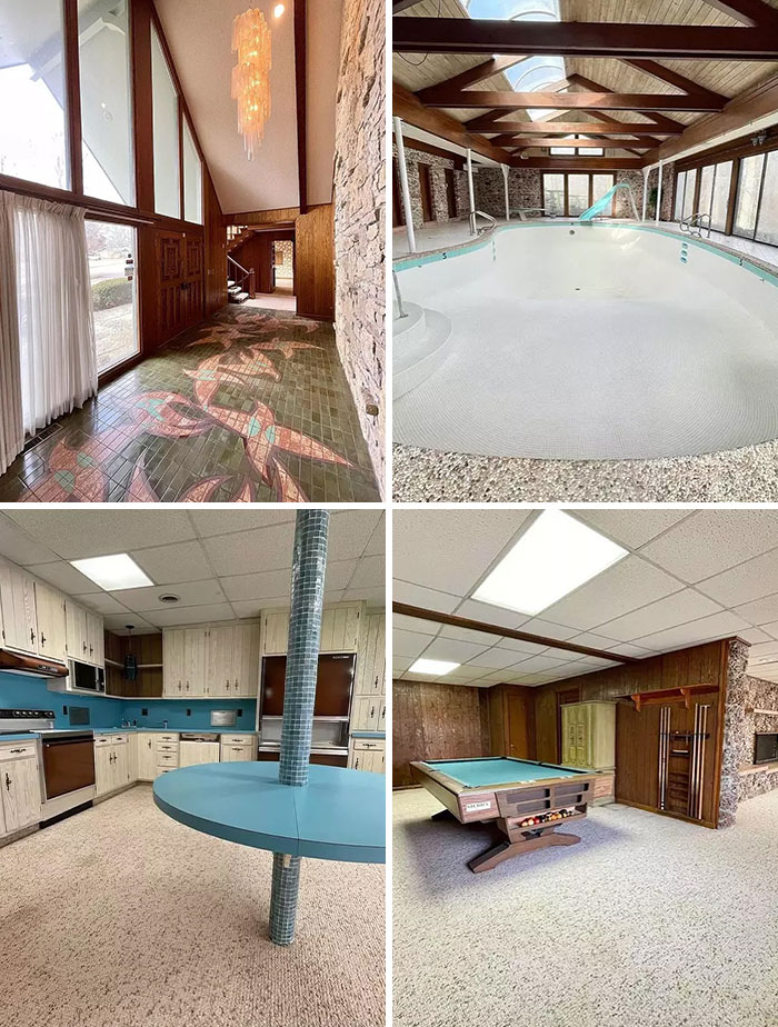 Vintage closet style hallway, retro pool, classic 1950s kitchen, and old-fashioned game room with a pool table.