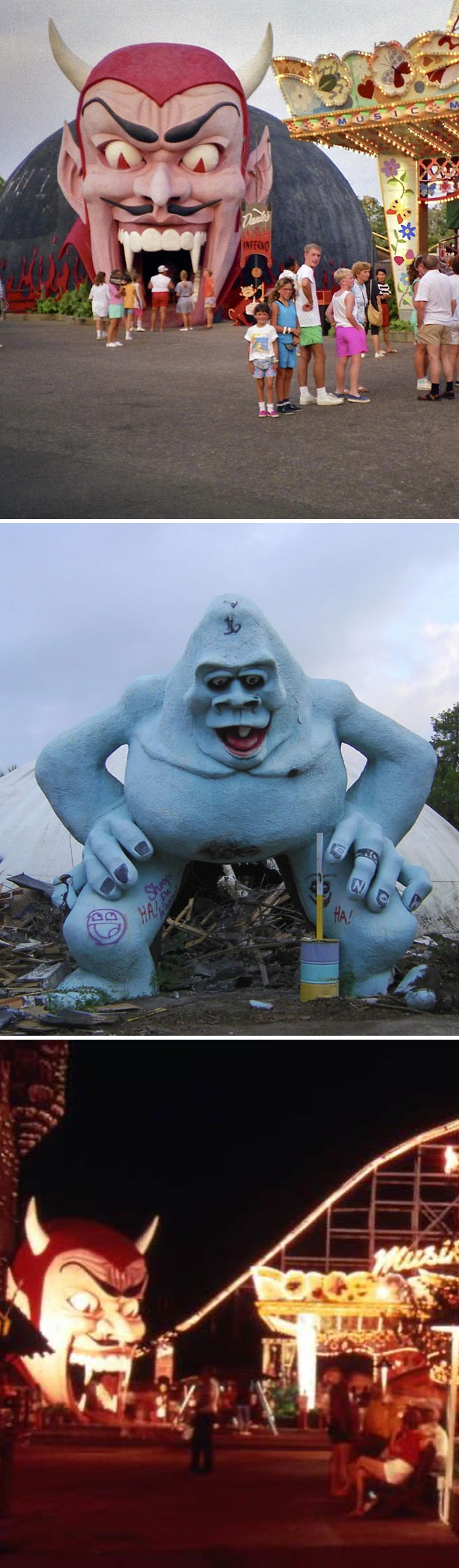 Vintage amusement park with old-timey devil entrance and giant gorilla statue evoking nostalgic feelings from a bygone era.