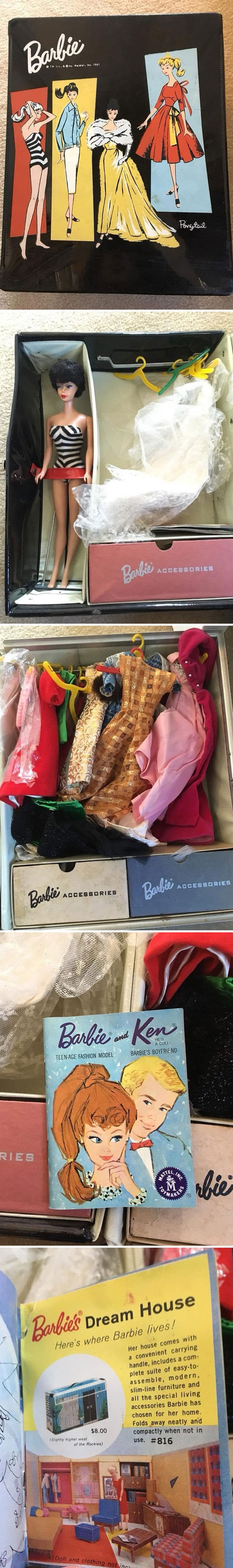 Vintage Barbie doll collection showcasing outfits and accessories evoking June Cleavers vintage closet style.