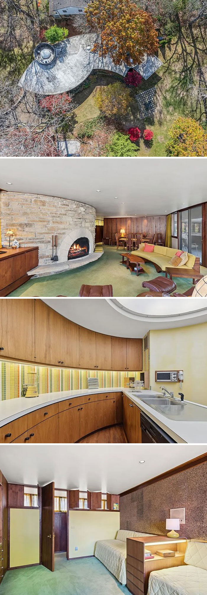 A vintage home with curving walls, retro kitchen, and mid-century furnishings evoking June Cleavers vintage closet era.