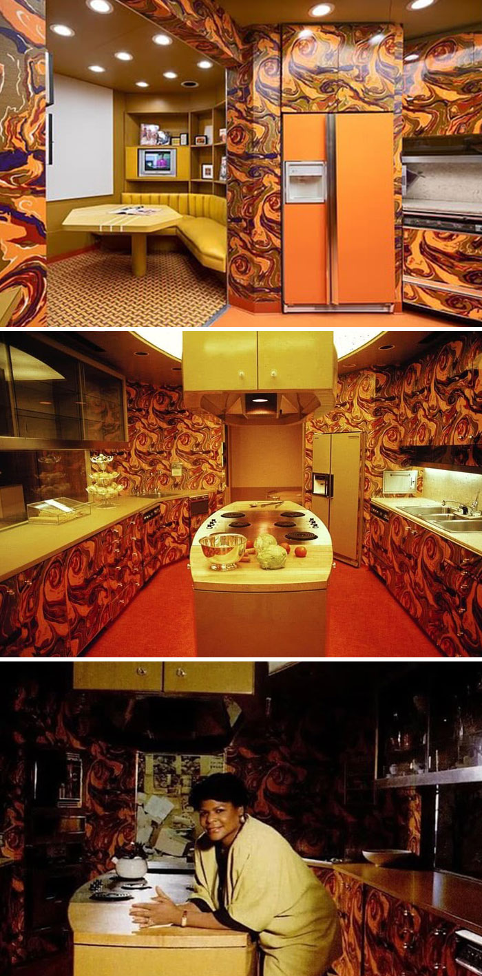 Vintage kitchen with swirling orange patterns, retro appliances, and a woman leaning on a countertop, evoking June Cleavers vintage closet.