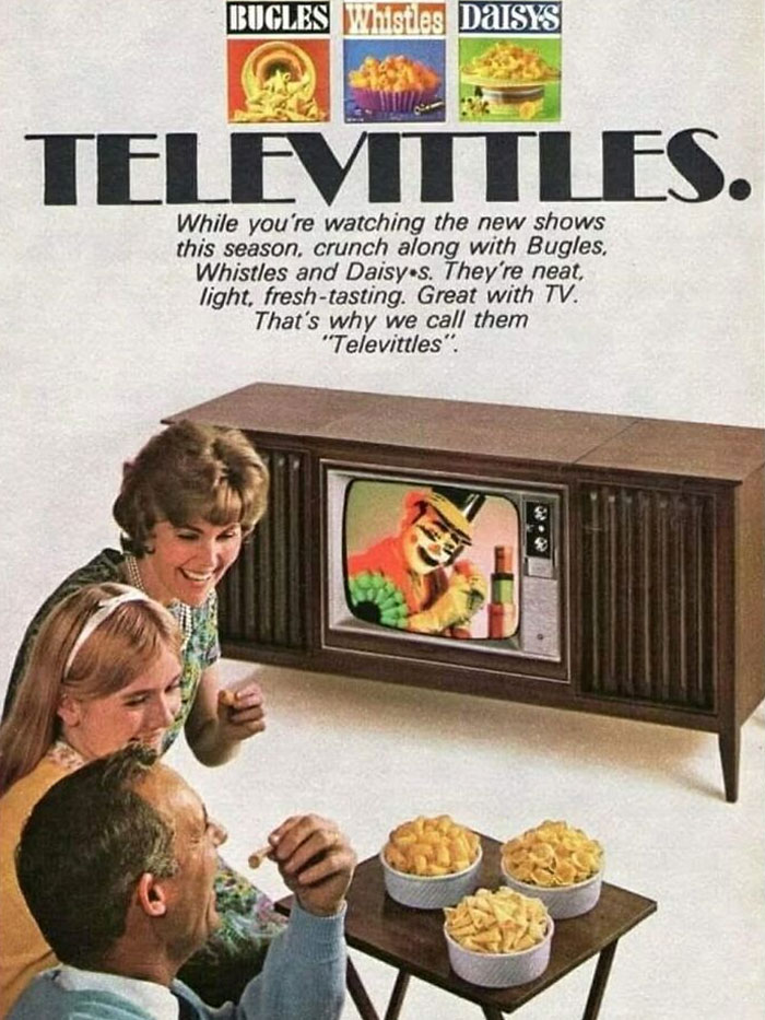 Vintage family enjoying Tele Vittles snacks while watching TV, evoking June Cleavers vintage closet nostalgia.