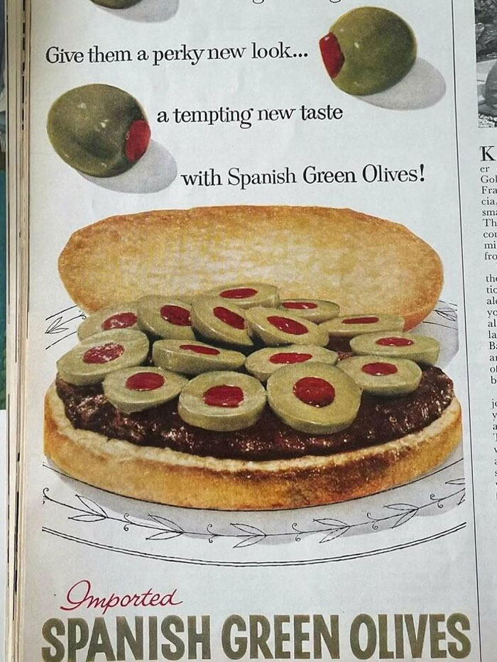 Vintage Spanish green olives ad showing sandwich with sliced olives and text about their new taste and look