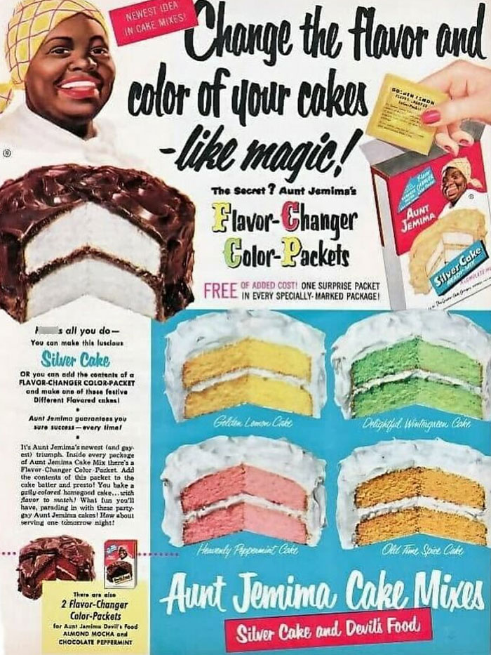 Vintage Aunt Jemima cake mix ad showing flavor and color packets with six colorful cake slices in a June Cleavers vintage closet style.