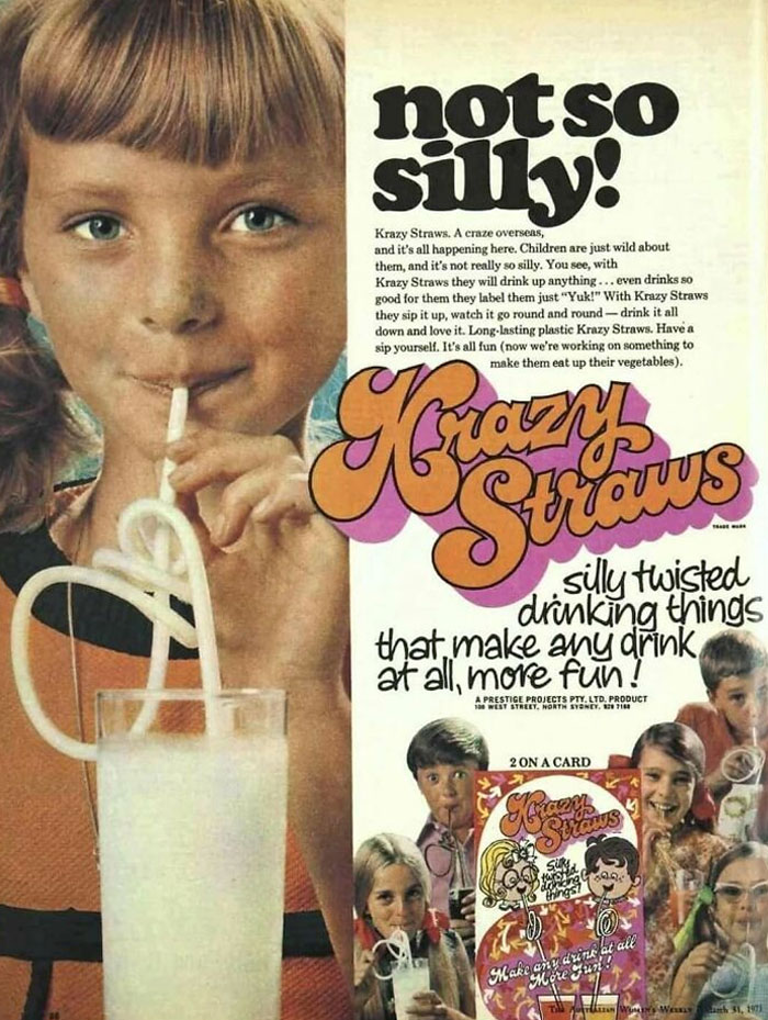 Vintage ad showing kids drinking milk with twisted Krazy Straws from June Cleavers vintage closet era.