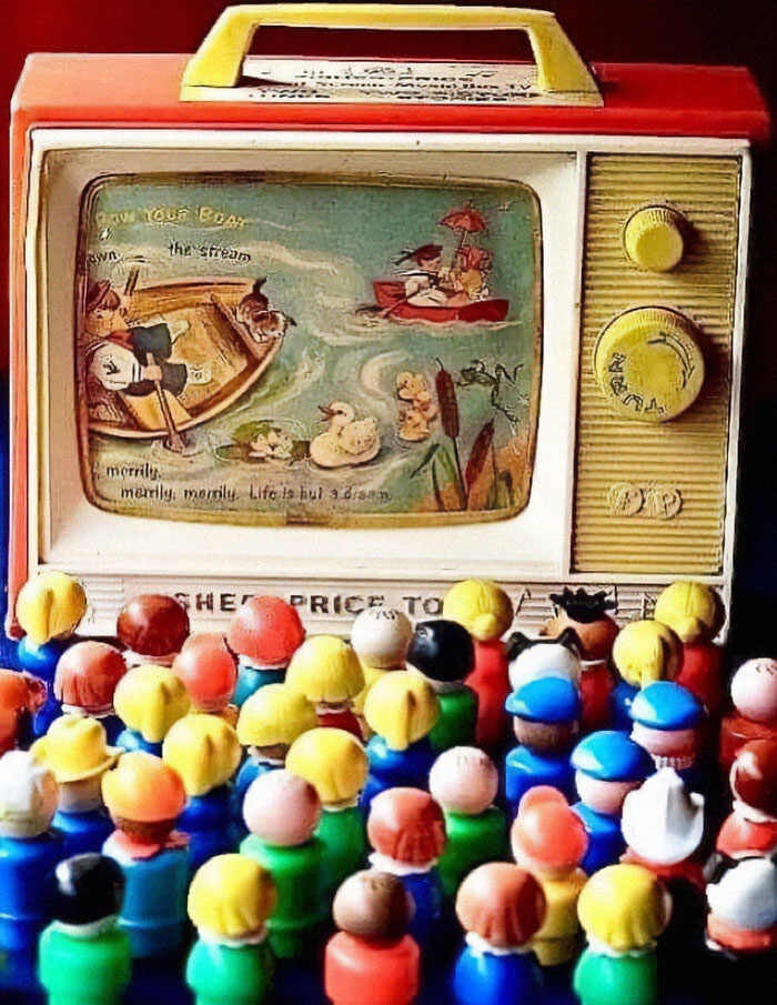Vintage toy figures gathered around an old-timey toy TV, evoking nostalgia and June Cleavers vintage closet era charm.