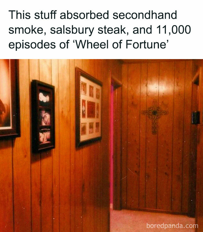 Vintage closet hallway with wood paneling and framed pictures, evoking June Cleavers vintage closet nostalgia.