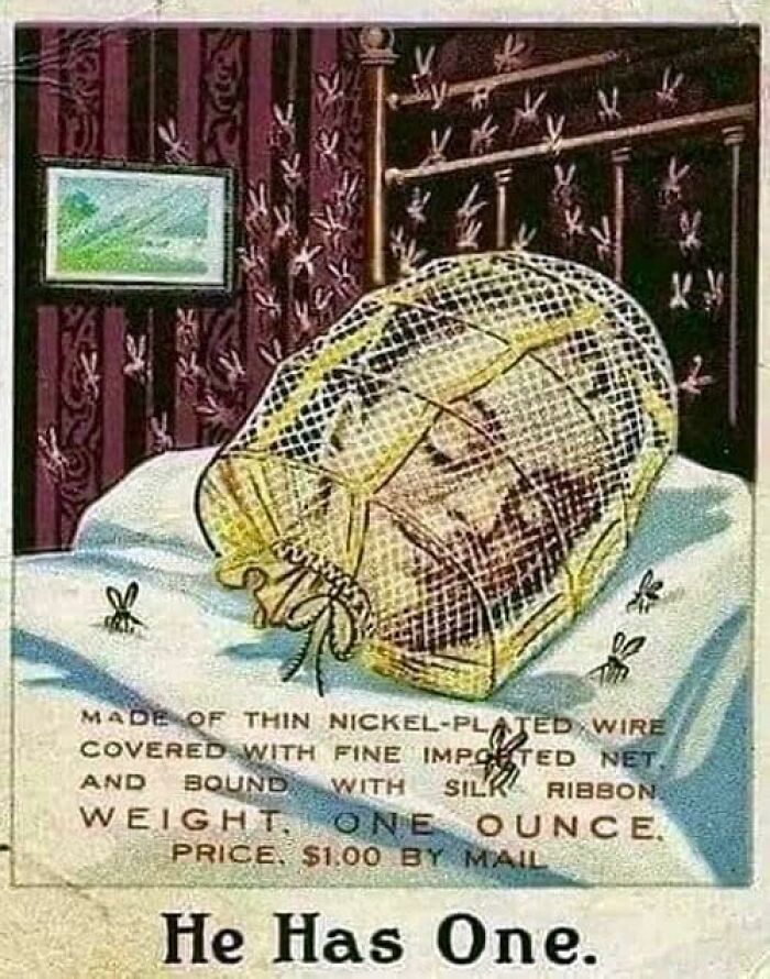 Vintage advertisement showing a baby protected by a wire netting surrounded by flying insects in a bedroom setting.