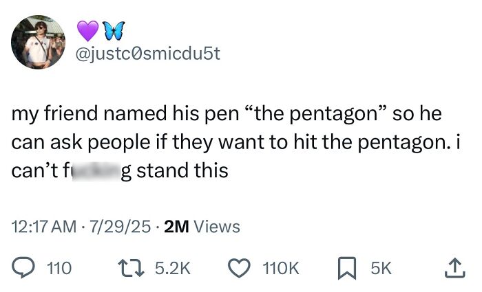 Screenshot of a hilarious tweet about naming a pen "the pentagon" with over 110K likes, from popular funny tweets.