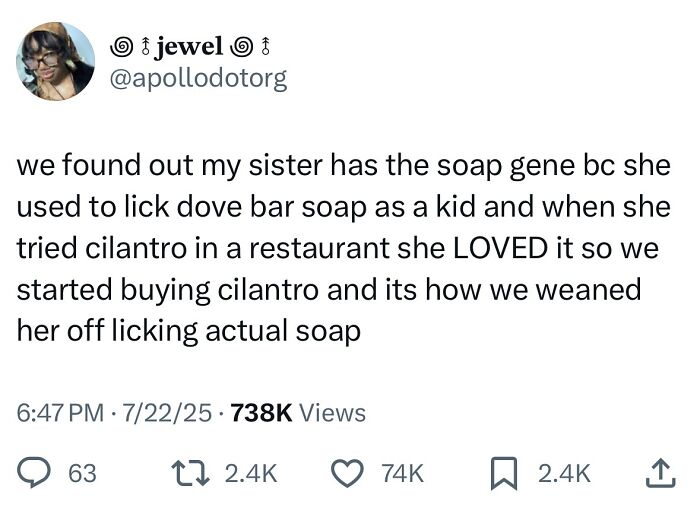 Tweet about a sister’s unique soap gene and love for cilantro, part of hilarious tweets from July collection.
