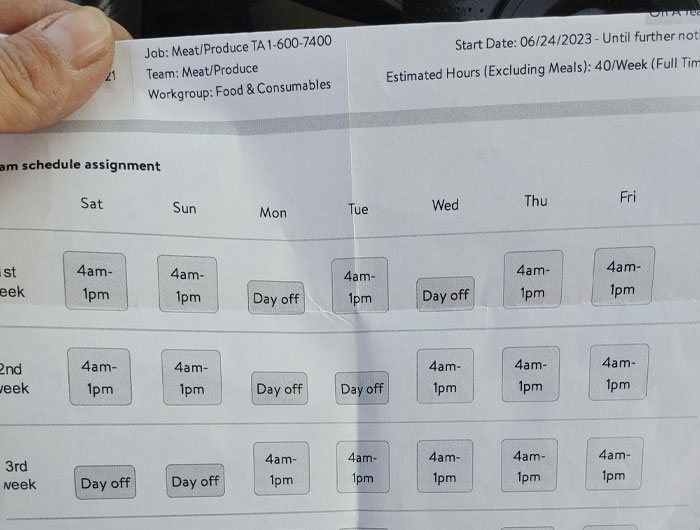 Walmart employee work schedule showing early shifts and days off, reflecting wild times and low pay challenges.