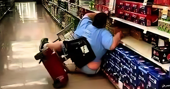Walmart employee falling in aisle, captured in a wild moment that makes them question if they get paid enough for this.
