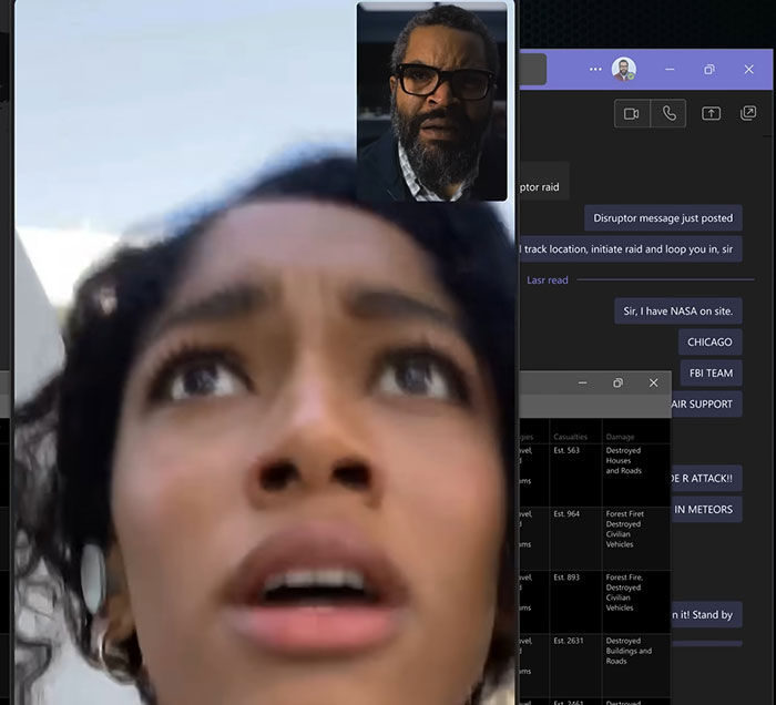 Close-up of a worried woman video calling a man with glasses amid a chaotic mission screen, referencing Ice Cube's War Of The Worlds. - 3