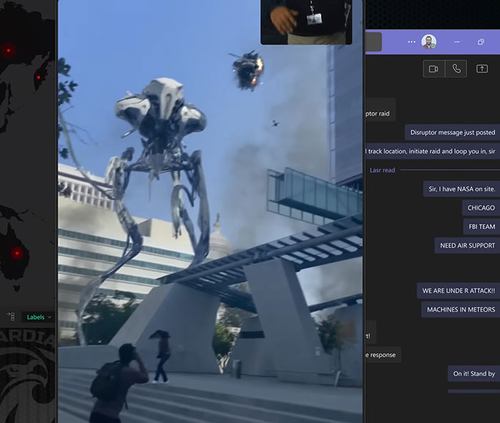 Alien machines attack a city scene from Ice Cube's War Of The Worlds amid a chaotic emergency response shown on screen.